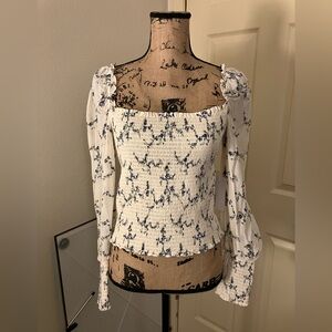 Reformation White Blue Floral Smocked ruched Blouse puffy sheer sleeves L 10 12